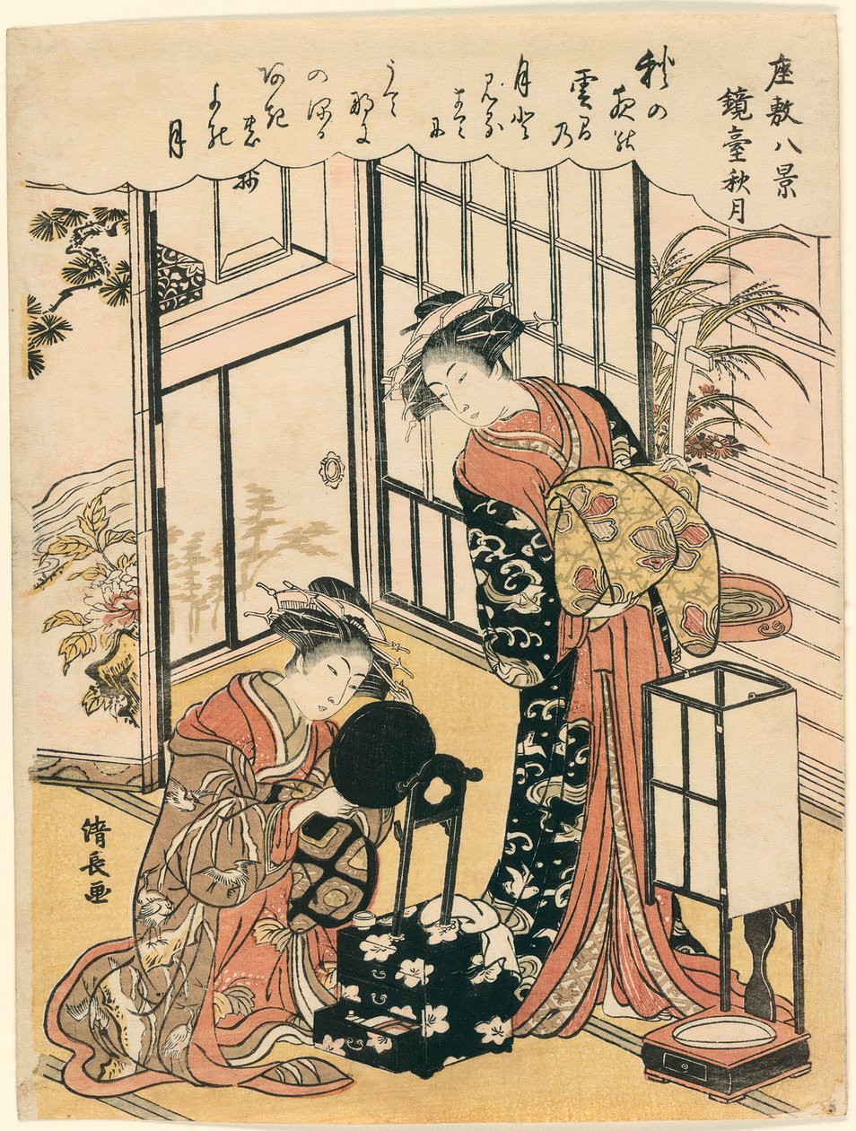Et speil på et stativ som foreslår høstmånen (Kyodai no shugetsu), fra serien "Eight Scenes of the Parlor (Zashiki hakkei)" av Torii Kiyonaga