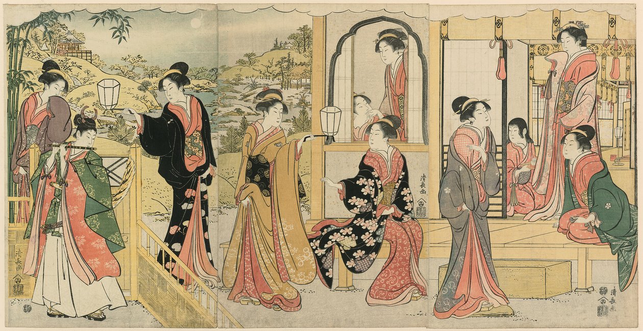 En moderne versjon av Ushiwakamaru Serenading Princess Joruri av Torii Kiyonaga