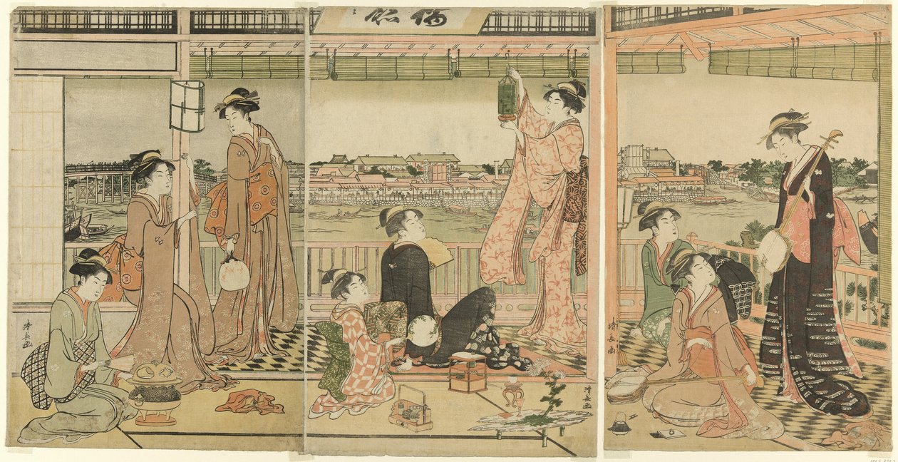 En fest som ser på månen over Sumida-elven av Torii Kiyonaga