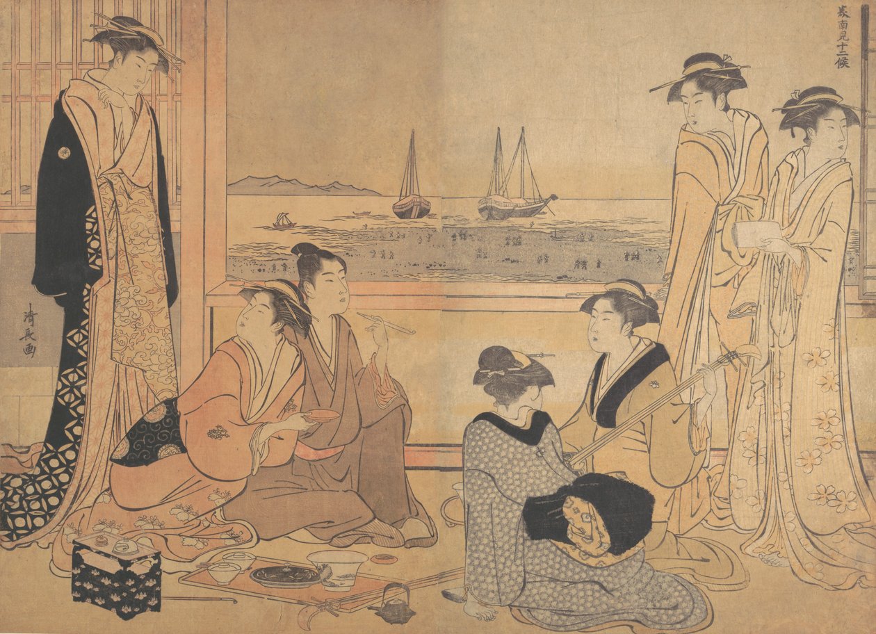 Et parti av glade maker i et tehus på Shinagawa, ca. 1783. av Torii Kiyonaga