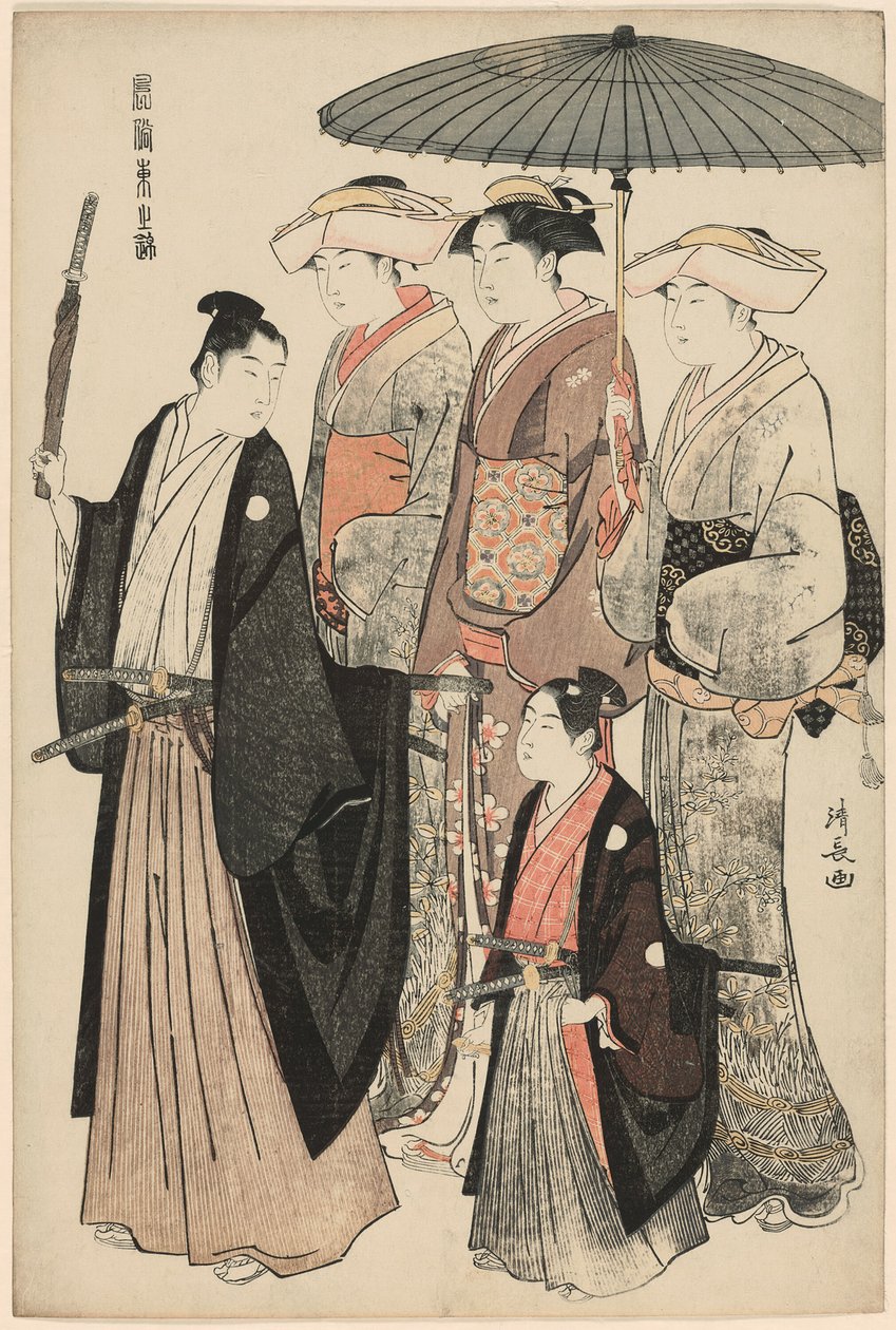 En ung adelsmann, hans mor og tre tjenere, fra serien "A Brocade of Eastern Manners (Fuzoku Azuma no nishiki)" av Torii Kiyonaga