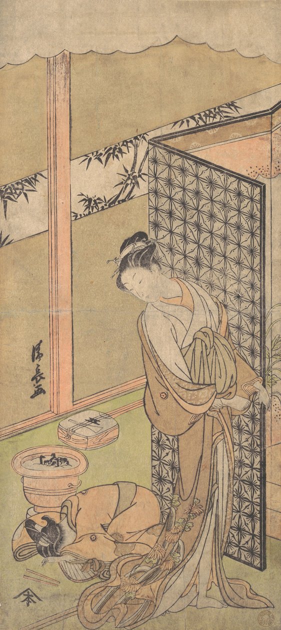 En Oiran i nattdrakt, pause, med én hånd på skjermen som omgir sengen hennes,..., ca. 1770. av Torii Kiyonaga
