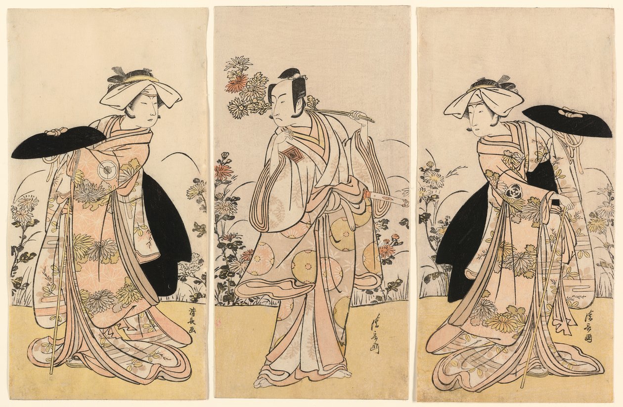 Bando Mitsugoro II som Tennen no Mansaku-kitsune og Ichikawa Monnosuke III som Nikaido Shinanonosuke og Iwai Hanshiro IV som Okura no Kojoro-kitsune i scenen fra dramaet Moto Mishi Yuki Sakae Hachi-no-ki (Nidaime Bando Mitsugoro no Tennen no mansaku- av Torii Kiyonaga