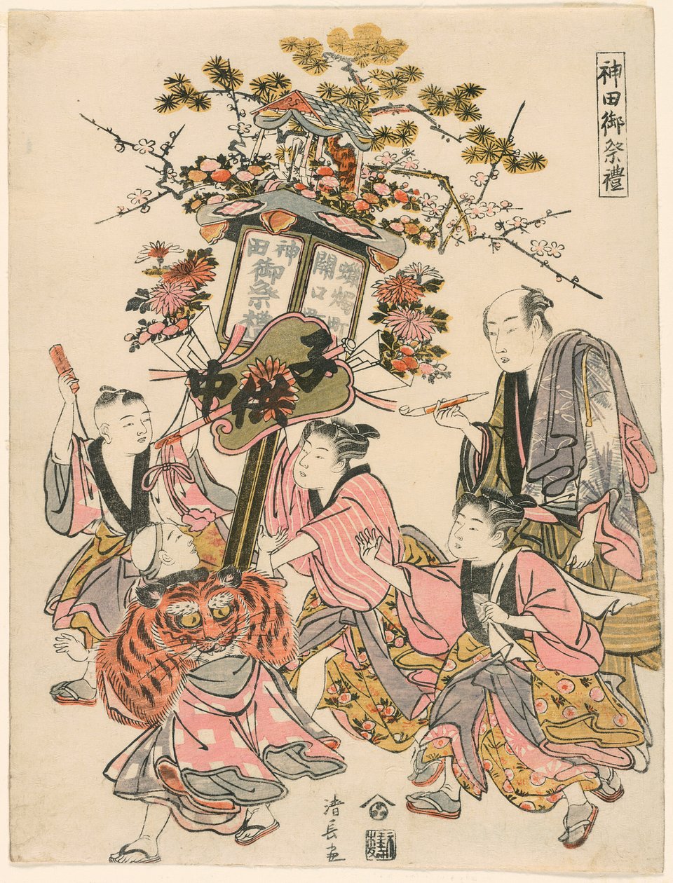 Bære en lanterne dekorert med en paviljong, Gohei, blomster og vifte (Sekiguchi-cho Rosoku-cho no banto), fra serien "The Festival of the Kanda Shrine (Kanda go-sairei)" av Torii Kiyonaga