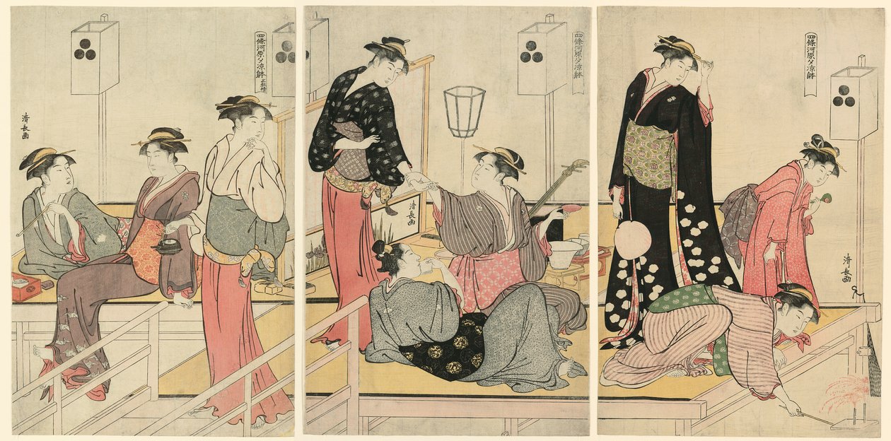 Avkjøling om kvelden på Shijogawara av Torii Kiyonaga