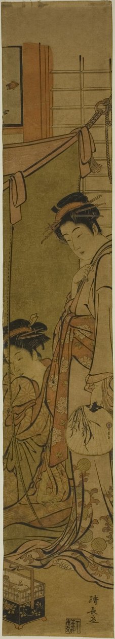 Kurtisaner som samtaler gjennom et myggnett av Torii Kiyonaga