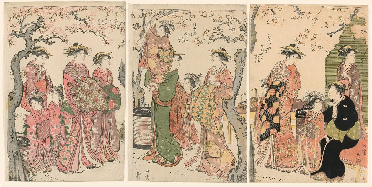 Kurtisaner og deres barns ledsagere under blomstrende kirsebærtrær av Torii Kiyonaga