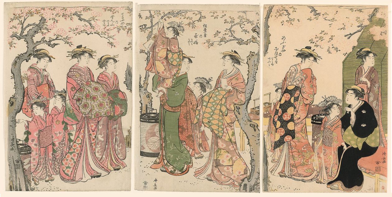Kurtisaner og deres barnevakter under blomstrende kirsebærtrær av Torii Kiyonaga