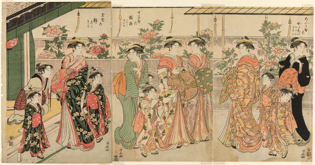 Kurtisaner av Yoshiwara og deres ledsagere ser på peonene på Nakanocho av Torii Kiyonaga