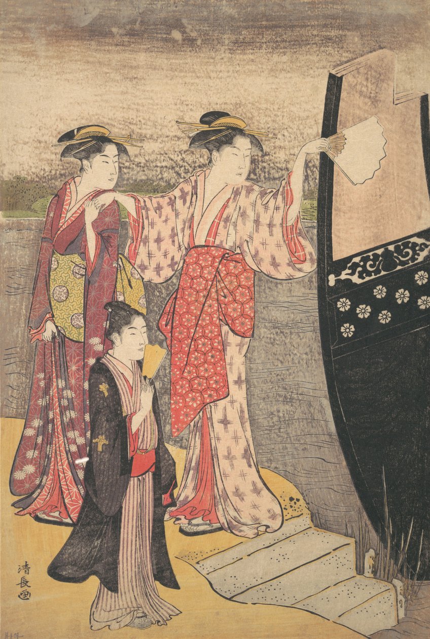 Avstigning fra en fritidsbåt på Sumida-elven. av Torii Kiyonaga