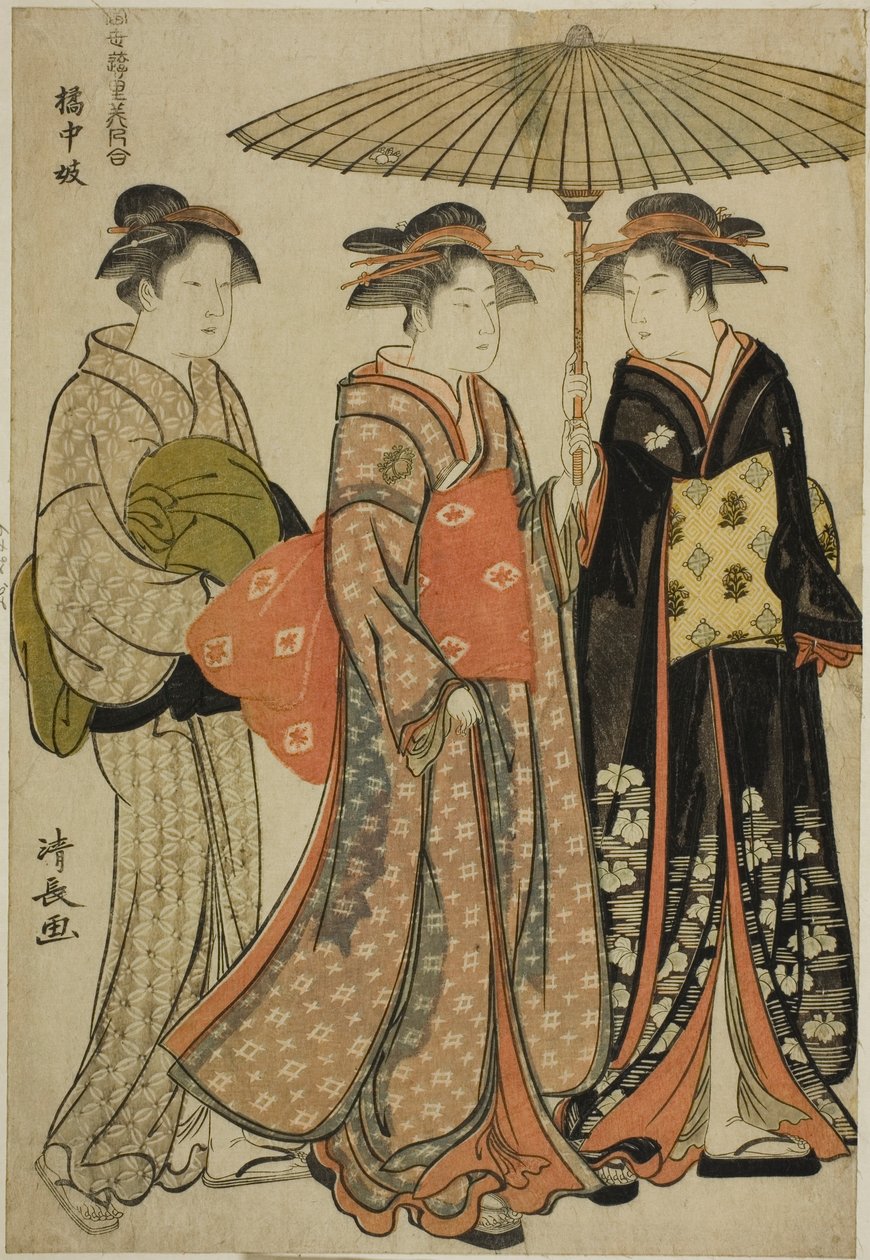 Entertainers of Tachibana (Kitchugi), fra serien "A Collection of Contemporary Beauties of the Pleasure Quarters (Tosei yuri bijin awase)" av Torii Kiyonaga