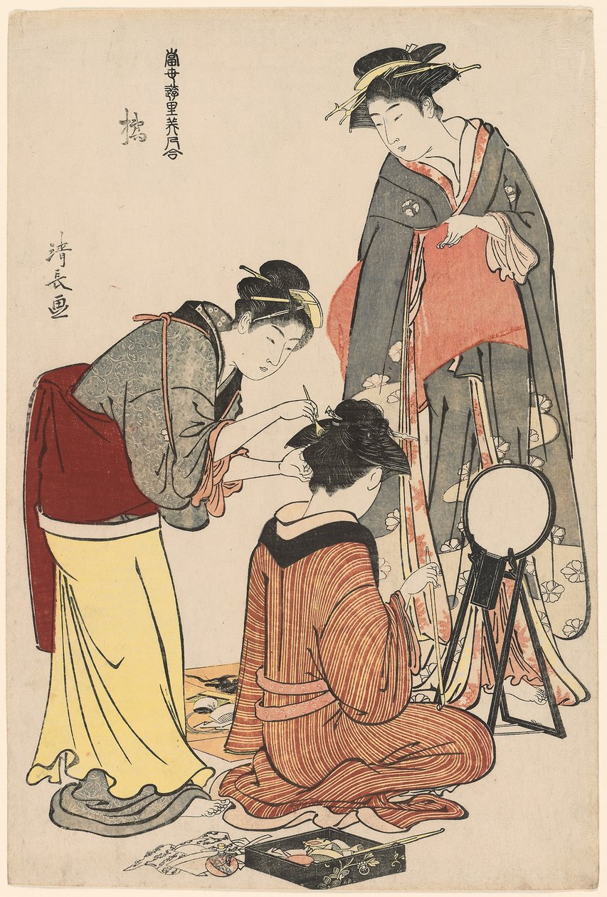 Underholdere fra Tachibana, fra serien "A Collection of Contemporary Beauties of the Pleasure Quarters (Tosei yuri bijin awase)", ca. 1782 (farget treblokktrykk; oban) av Torii Kiyonaga