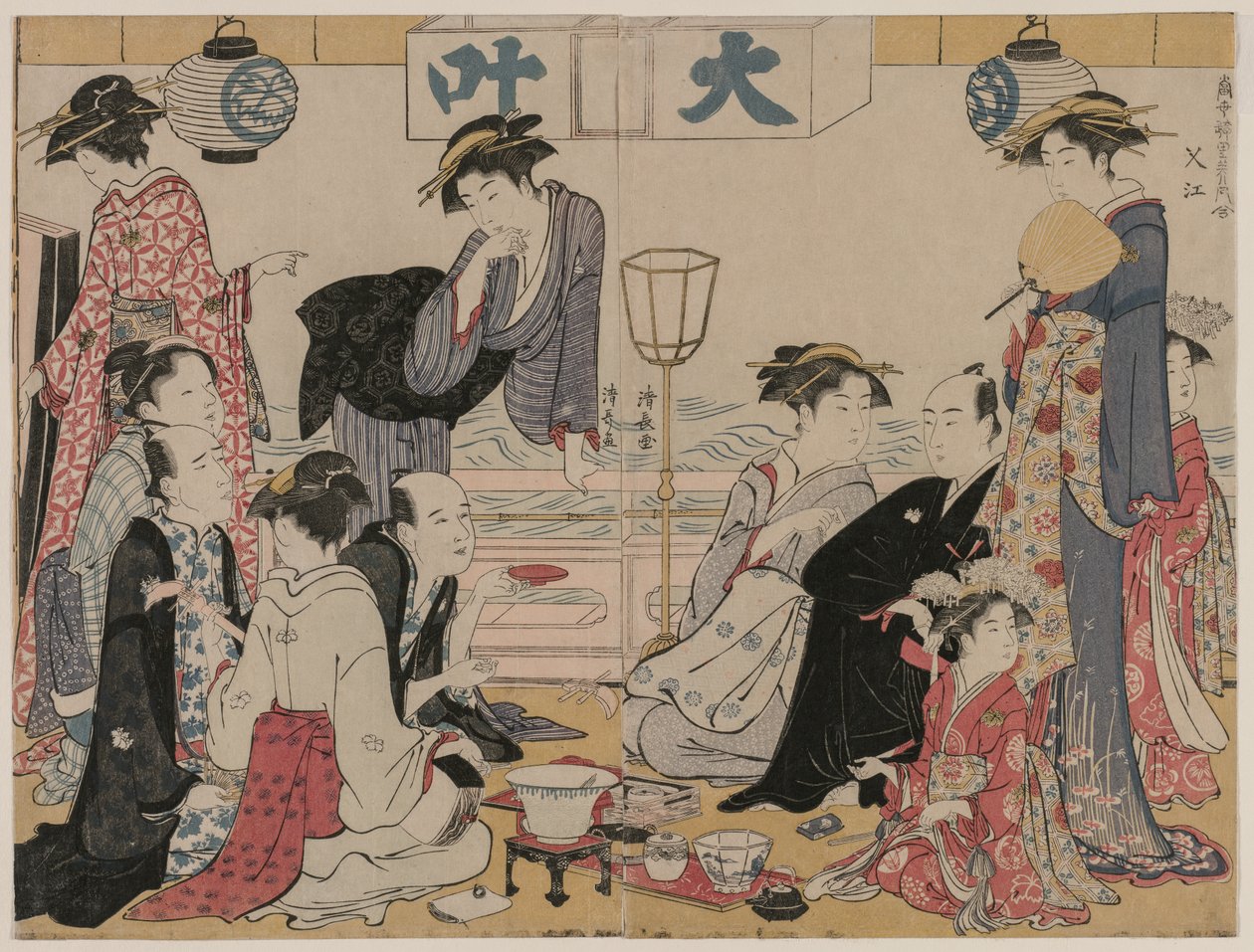 Underholdning på en balkong ved vannet i Nakasu..., 1783. av Torii Kiyonaga