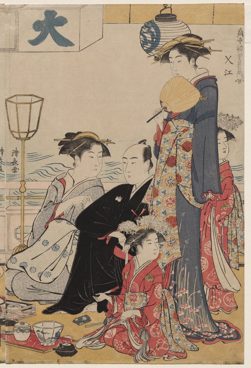 Underholdning på en balkong ved vannet i Nakasu, fra serien, A Collection of Beautiful Modern Women of the Pleasure Quarters av Torii Kiyonaga