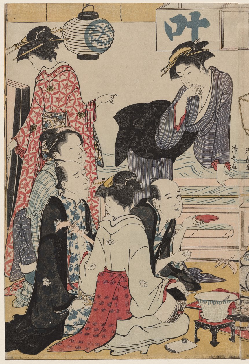 Underholdning på en balkong ved vannet i Nakasu, fra serien, A Collection of Beautiful Modern Women of the Pleasure Quarters av Torii Kiyonaga