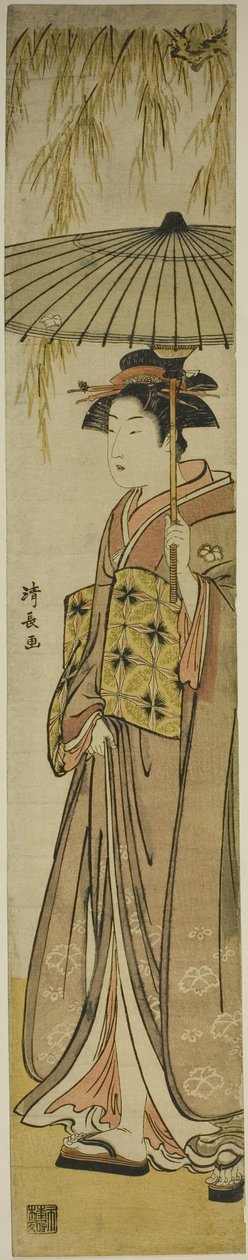 Geisha som bærer en parasoll under et piletre av Torii Kiyonaga