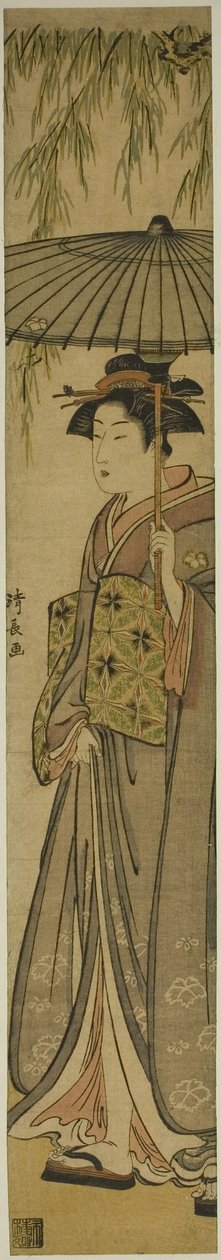 Geisha som bærer en parasoll under et piletre av Torii Kiyonaga