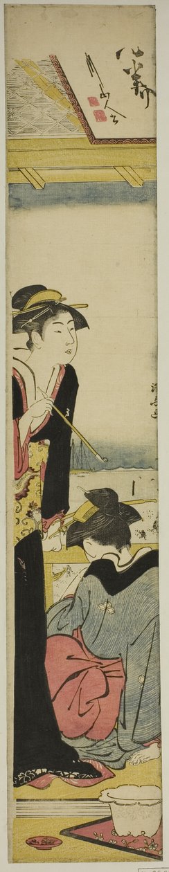 Geisha og hushjelp på en balkong med utsikt over bukten av Torii Kiyonaga