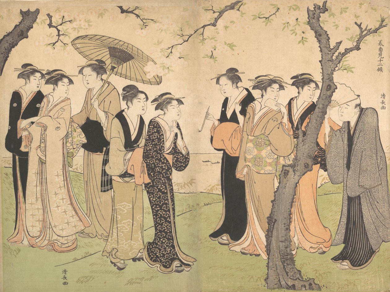 Gruppe på seks geisha under kirsebærtrærne på Gotenyama, ca. 1785. av Torii Kiyonaga