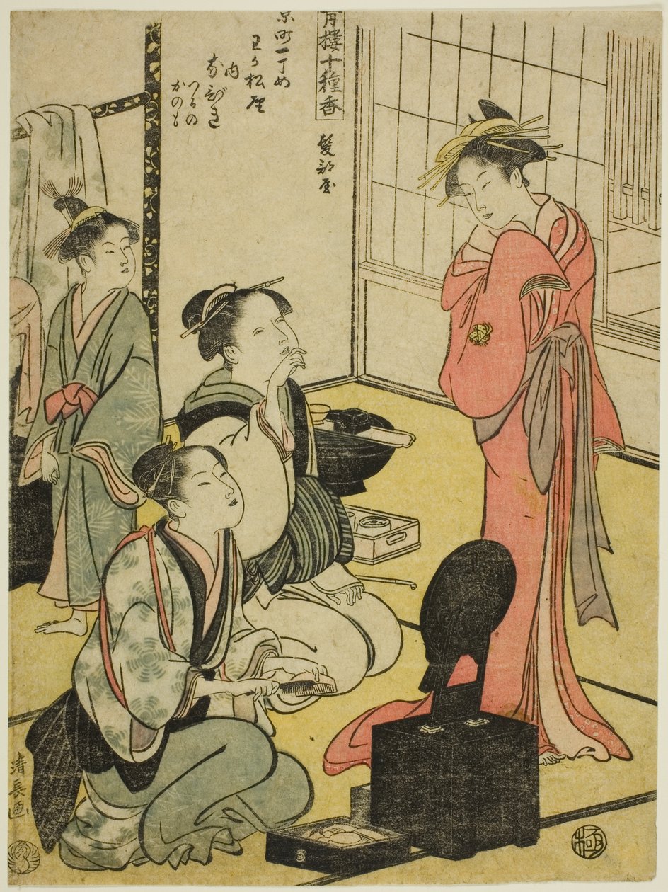 Frisørrom (Kamibeya), fra serien "Ten Kinds of Incense in the Pleasure Quarters (Seiro jisshu ko)" av Torii Kiyonaga