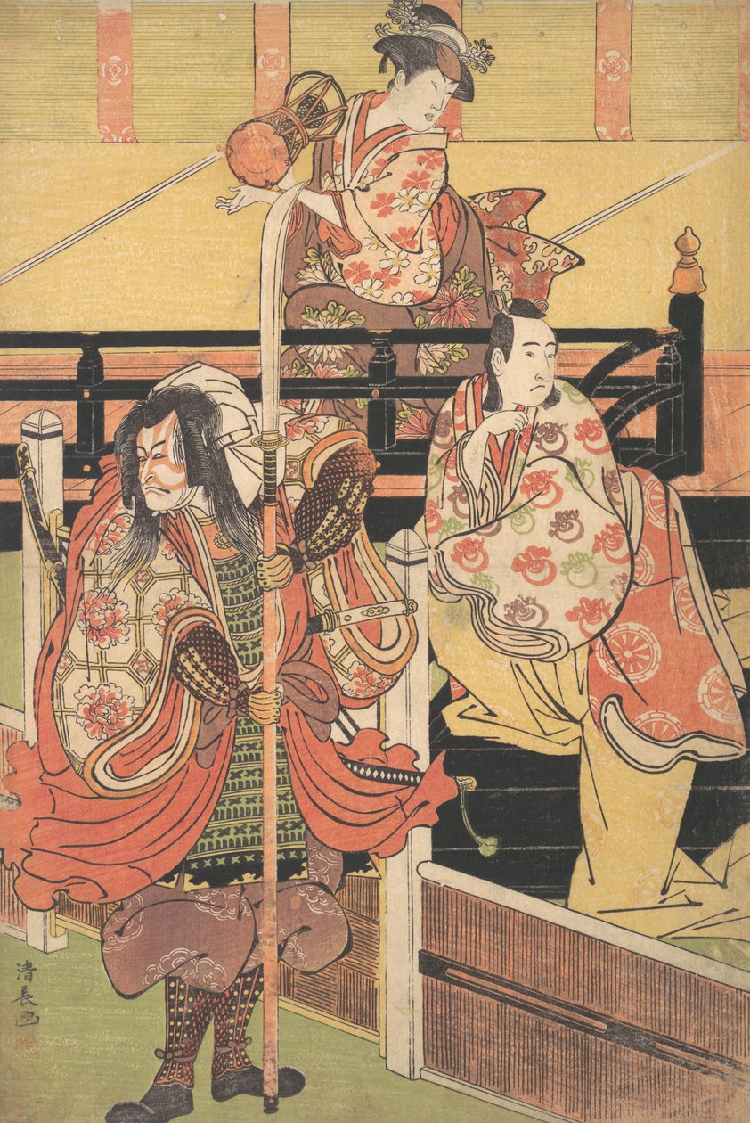 På en balkong sitter en kvinne og spiller en Tsuzumi, under en mann i Daimyo-kostyme er Sea..., ca. 1790. av Torii Kiyonaga
