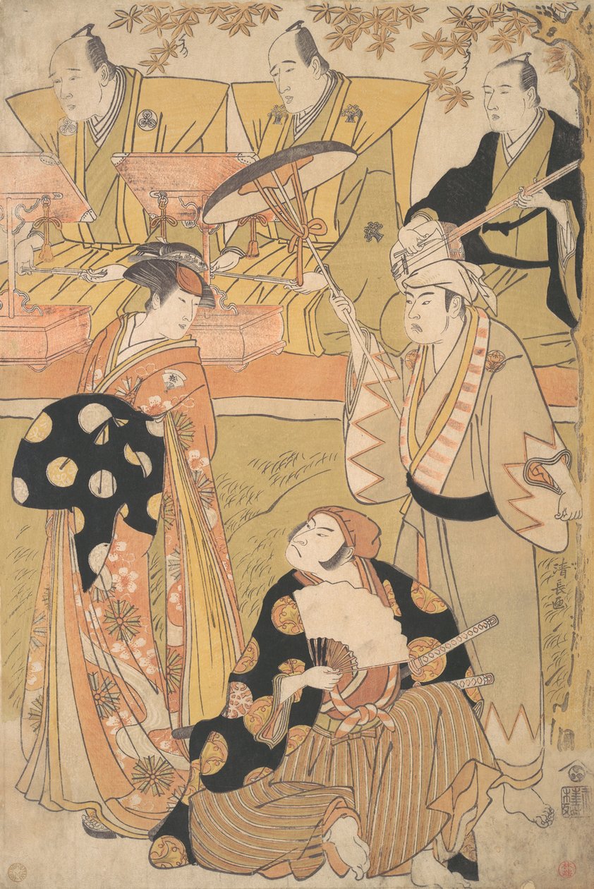 Onoe Matsusuke I som en Oiran står til venstre og snakker med Nakamura Nakazo I som en Sam..., ca. 1788. av Torii Kiyonaga