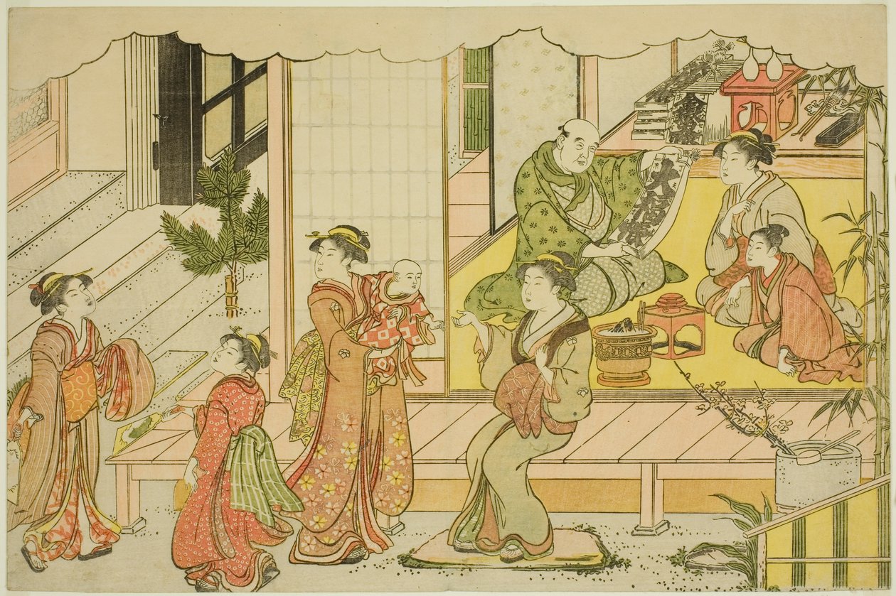 Åpning av lagerhuset (Kurabiraki), fra den illustrerte boken "Colors of the Triple Dawn (Saishiki mitsu no asa)" av Torii Kiyonaga