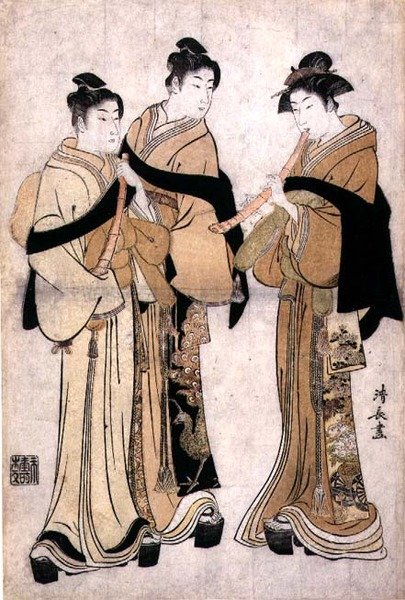 Playing the Shakuhachi, ca. 1782 (treblokktrykk med blindpreging) av Torii Kiyonaga