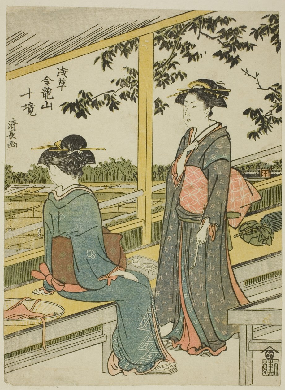 Tehus med utsikt over rismarker, fra serien "Ten Precincts of Kinryuzan Temple in Asakusa (Asakusa Kinruzan jikkei)" av Torii Kiyonaga
