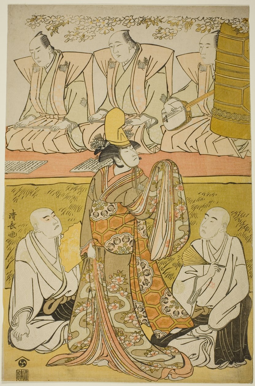 Skuespilleren Nakamura Nakazo I som Shirabyoshi Katsuragi, Matsumoto Koshiro IV som munken Meigetsubo, og Otani Hiroji III som munken Izayoibo, i stykket "Edoganoko Musume Dojoji," fremført på Ichimura Theatre i den åttende måneden, 1783 av Torii Kiyonaga