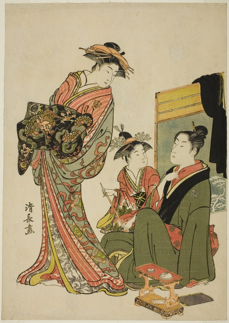 Skuespilleren Nakamura Riko med en kurtisane, fra en serie uten tittel med aiban-trykk som skildrer skuespillere i privatlivet av Torii Kiyonaga