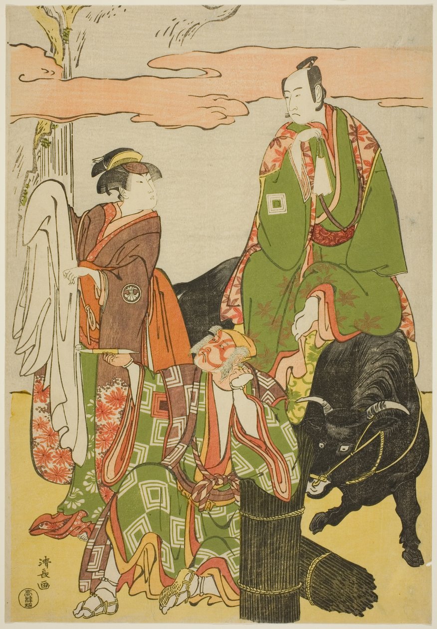 Skuespillerne Ichikawa Monnosuke II som Miyukinosuke, Segawa Kikunojo III som Hatsune-hime, og Ichikawa Danjuro V som Ninnaji no Saibei, i joruri "Shitenno Oe no Yamairi," fremført på Kiri Theatre i den ellevte måneden, 1785 av Torii Kiyonaga