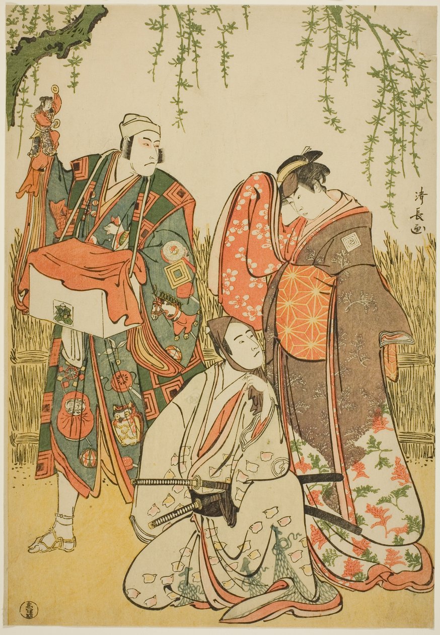 Skuespillerne Ichikawa Yaozo III som Shiragiku, Ichikawa Danjuro V som dukkefører Dekurokubei, og Sawamura Sojuro III som Soga no Juro, i joruri "Shinobukoi Yanagi no Katsura Otoko," opptrådte på Nakamura Theatre den første måneden, 1785 av Torii Kiyonaga