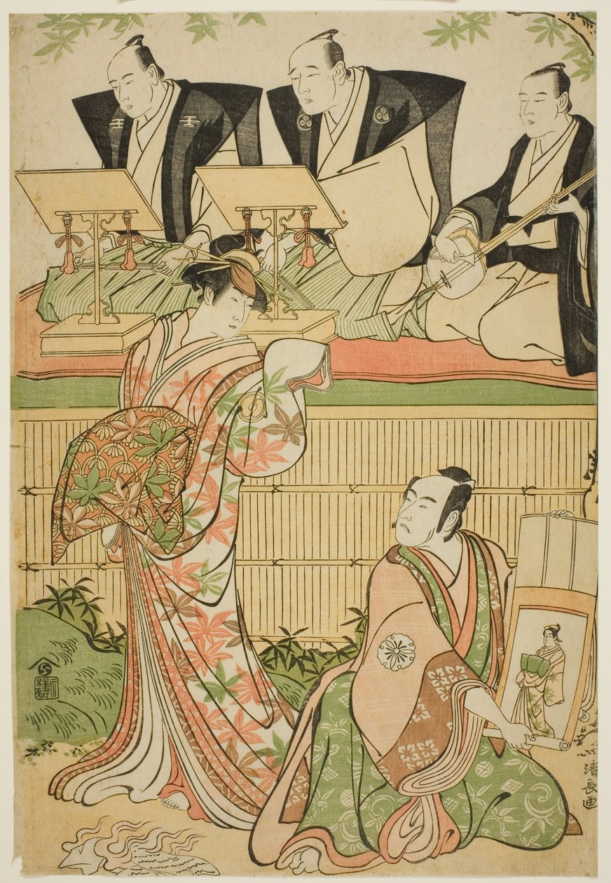 Skuespillerne Matsumoto Koshiro IV som Ukita Sakingo og Sawamura Sojuro III som spøkelset til kurtisanen Takao, i stykket "Ominaeshi Sugata no Hatsuaki," fremført på Nakamura Theatre, 1788 av Torii Kiyonaga