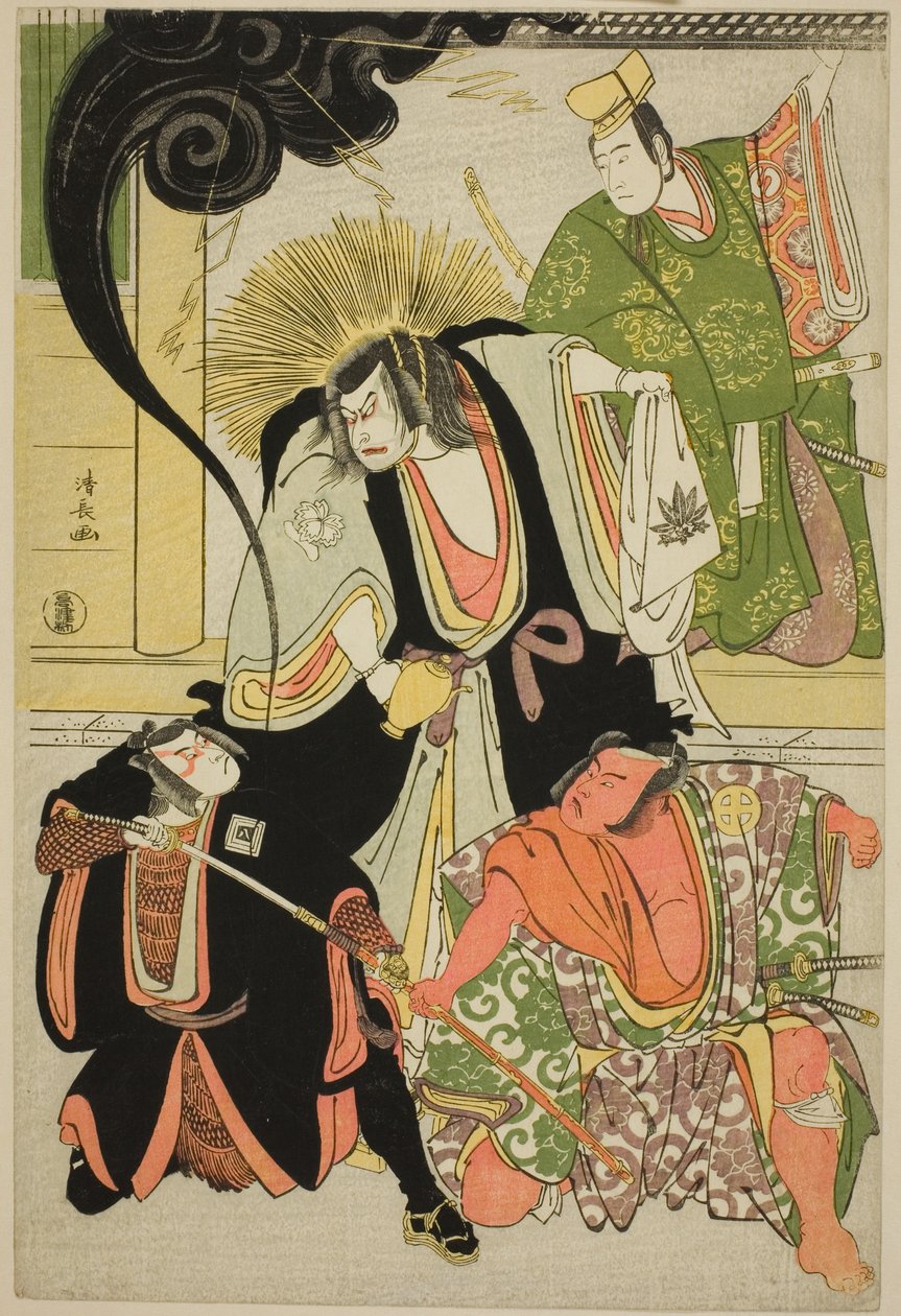Skuespillerne Nakayama Kojuro VI (Nakamura Nakazo I) som Hatchotsubute no Kiheiji, Otani Hiroji III som Miura Arajiro, Ichikawa Yaozo III som Akugenta Yoshihira, Sawamura Sojuro III som Taira no Shigemori, i shosaen "Fukyoku Edo Geisha," fremført på Nakama av Torii Kiyonaga