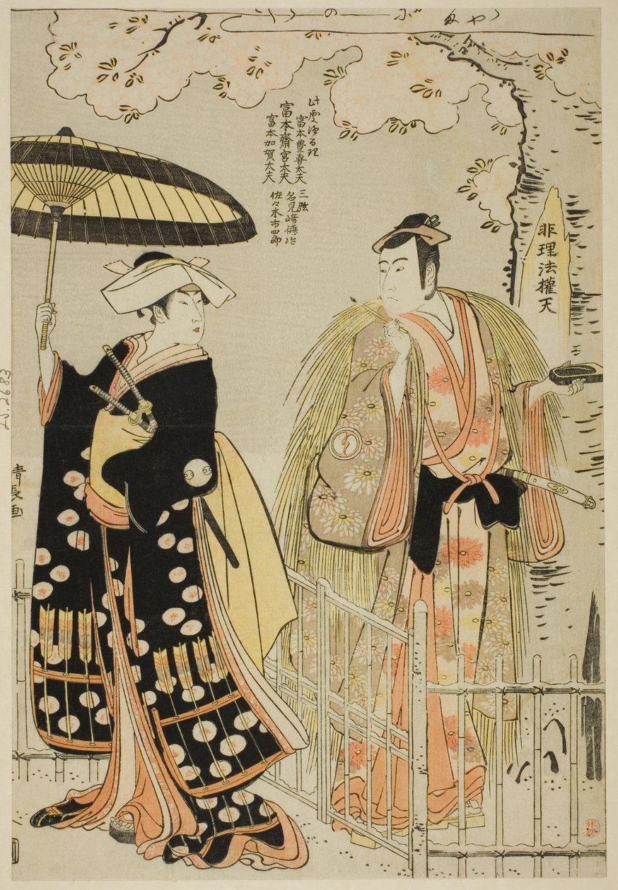 The Actors Sawamura Sojuro III as Kusunoki Masatsura and Arashi Murajiro as Ben no Naishi, in the shosa "Sode Furu Yuki Yoshino Shui," performed at the Nakamura Theater in the eleventh month, 1786   1287527   no       norwegian Successfully Translated  Ori av Torii Kiyonaga