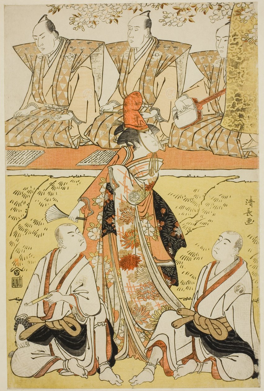 Skuespillerne Segawa Kikunojo III som Koito, Sawamura Sojuro III som munken Sainenbo, og Ichikawa Monnosuke II som munken Renseibo, i shosaen "Mata Saku Hana Museume Dojoji," fremført på Nakamura Theatre i den fjerde måneden, 1783 av Torii Kiyonaga