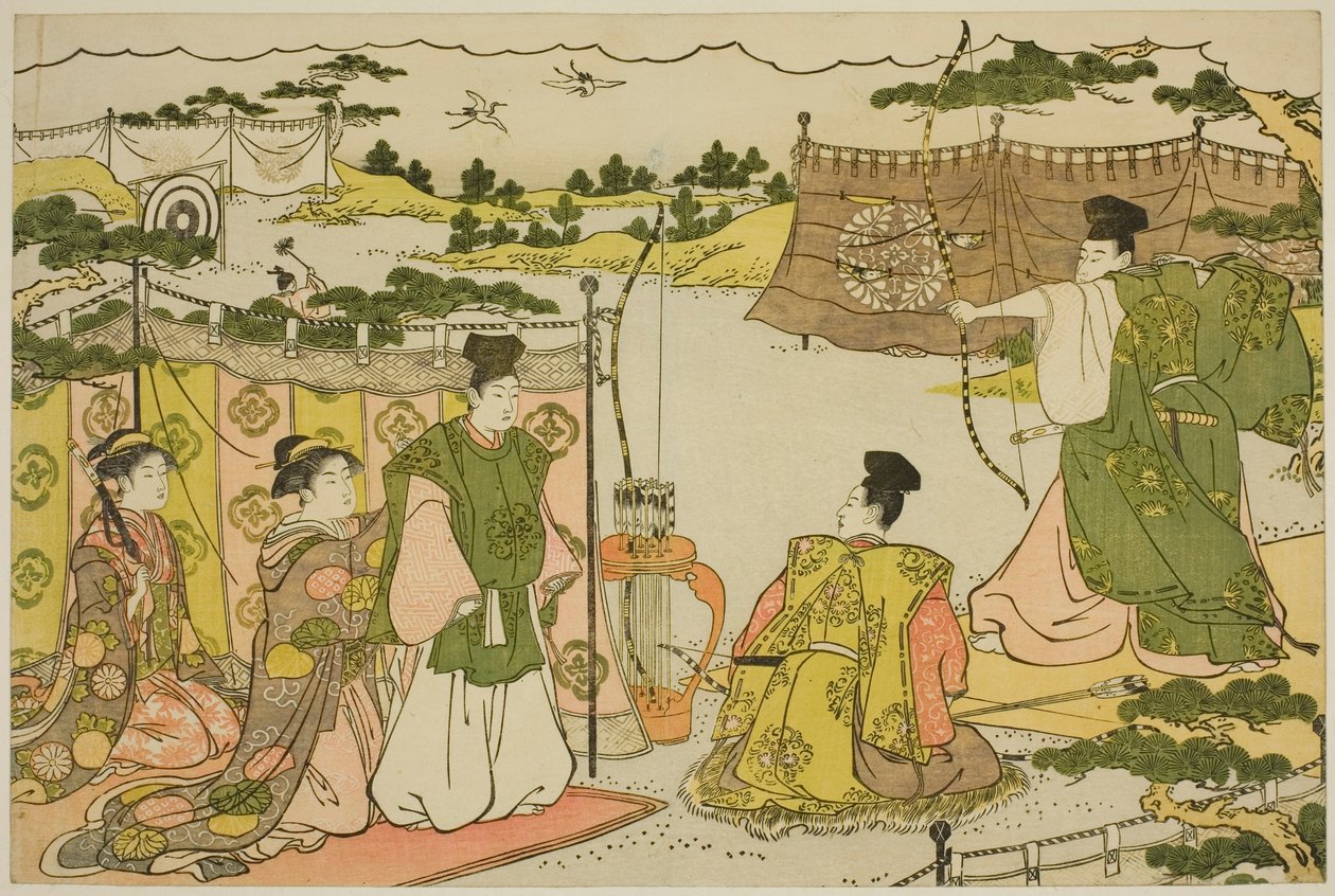 Den første bueskytingsøvelsen for det nye året (Yumi hajime), fra den illustrerte boken "Colors of the Triple Dawn (Saishiki mitsu no asa)" av Torii Kiyonaga