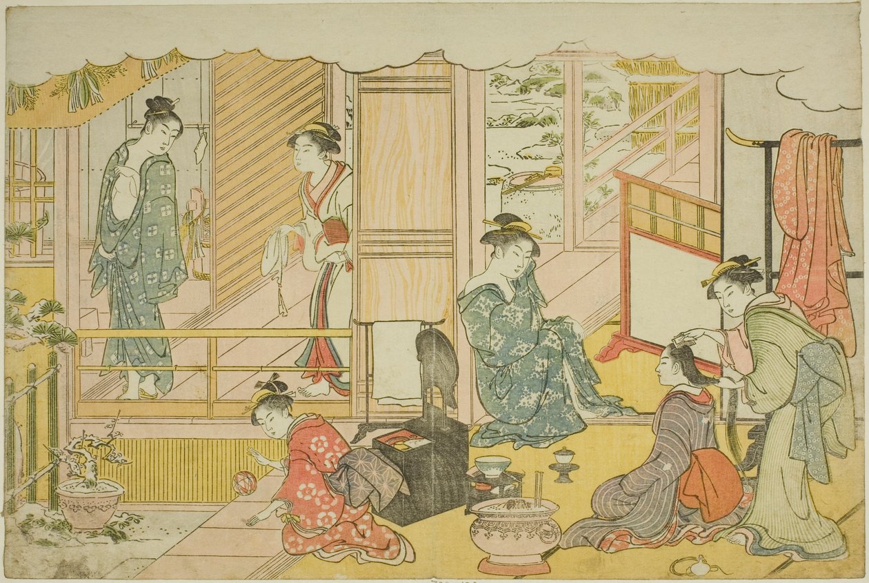 Det første badet i det nye året (Yudono hajime), fra den illustrerte boken "Colors of the Triple Dawn (Saishiki mitsu no asa)" av Torii Kiyonaga