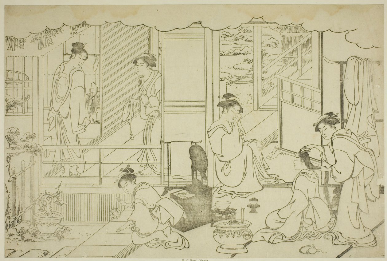 Det første badet i det nye året (Yudono hajime), fra den illustrerte boken "Colors of the Triple Dawn (Saishiki mitsu no asa)" av Torii Kiyonaga