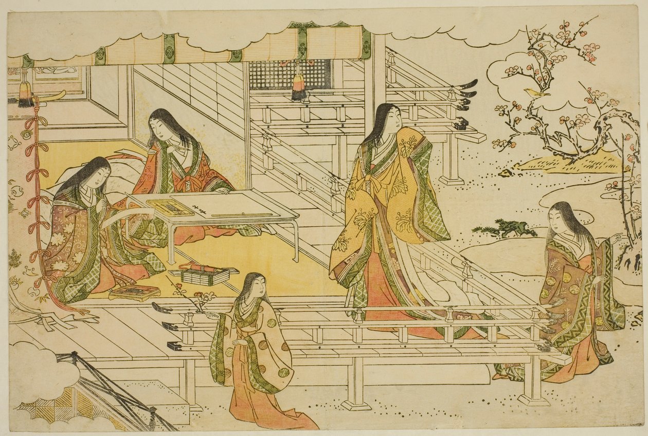 Nyårets første kalligrafi (Kissho hajime), fra den illustrerte boken "Colors of the Triple Dawn (Saishiki mitsu no asa)" av Torii Kiyonaga