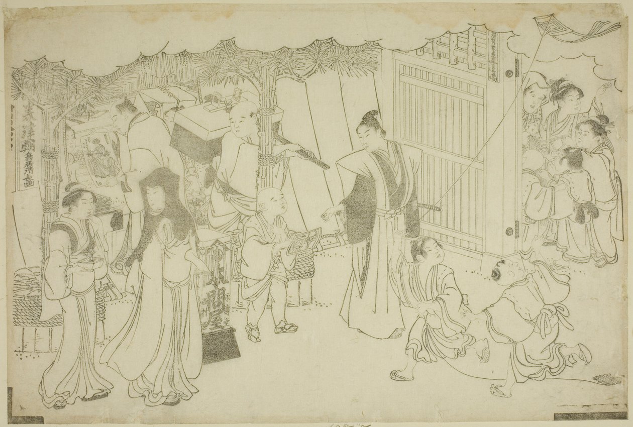 The First Day of Business (Akinai hajime), fra den illustrerte boken "Colors of the Triple Dawn (Saishiki mitsu no asa)" av Torii Kiyonaga