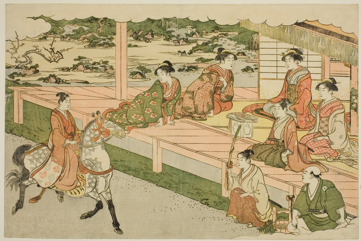 Nyårets første ridetur (Uma norizome), fra den illustrerte boken "Colors of the Triple Dawn (Saishiki mitsu no asa)" av Torii Kiyonaga