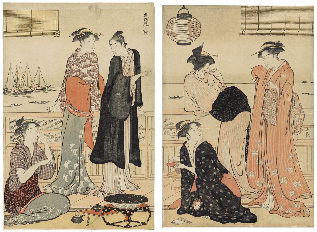 The Sixth Month, Enjoying the Evening Cool in a Teahouse, fra serien The Twelve Months in the Southern Quarter (Minami jūni kō) av Torii Kiyonaga