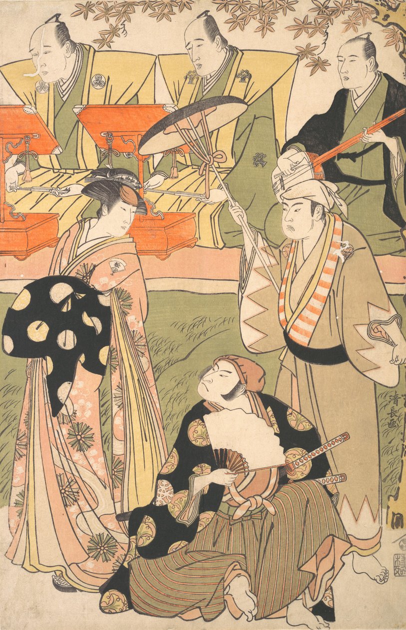 Teaterscene, med musikere. av Torii Kiyonaga