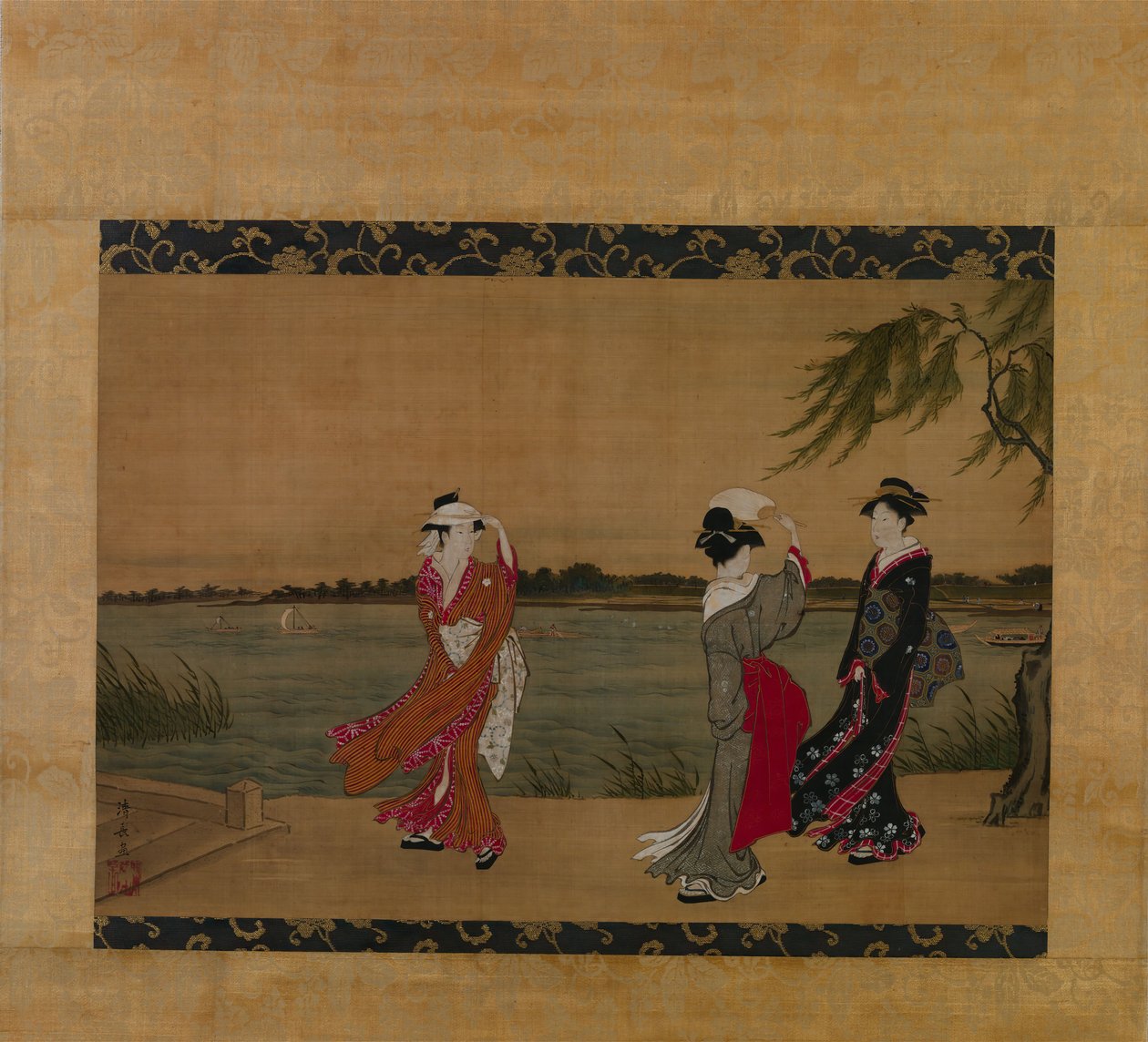 Three Girls on a Riverbank, tidlig på 1800-tallet. av Torii Kiyonaga