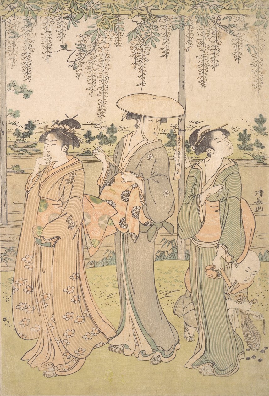 Tre kvinner og en liten gutt under en Wisteria-arbor på bredden av en bekk, ca. 1790. av Torii Kiyonaga