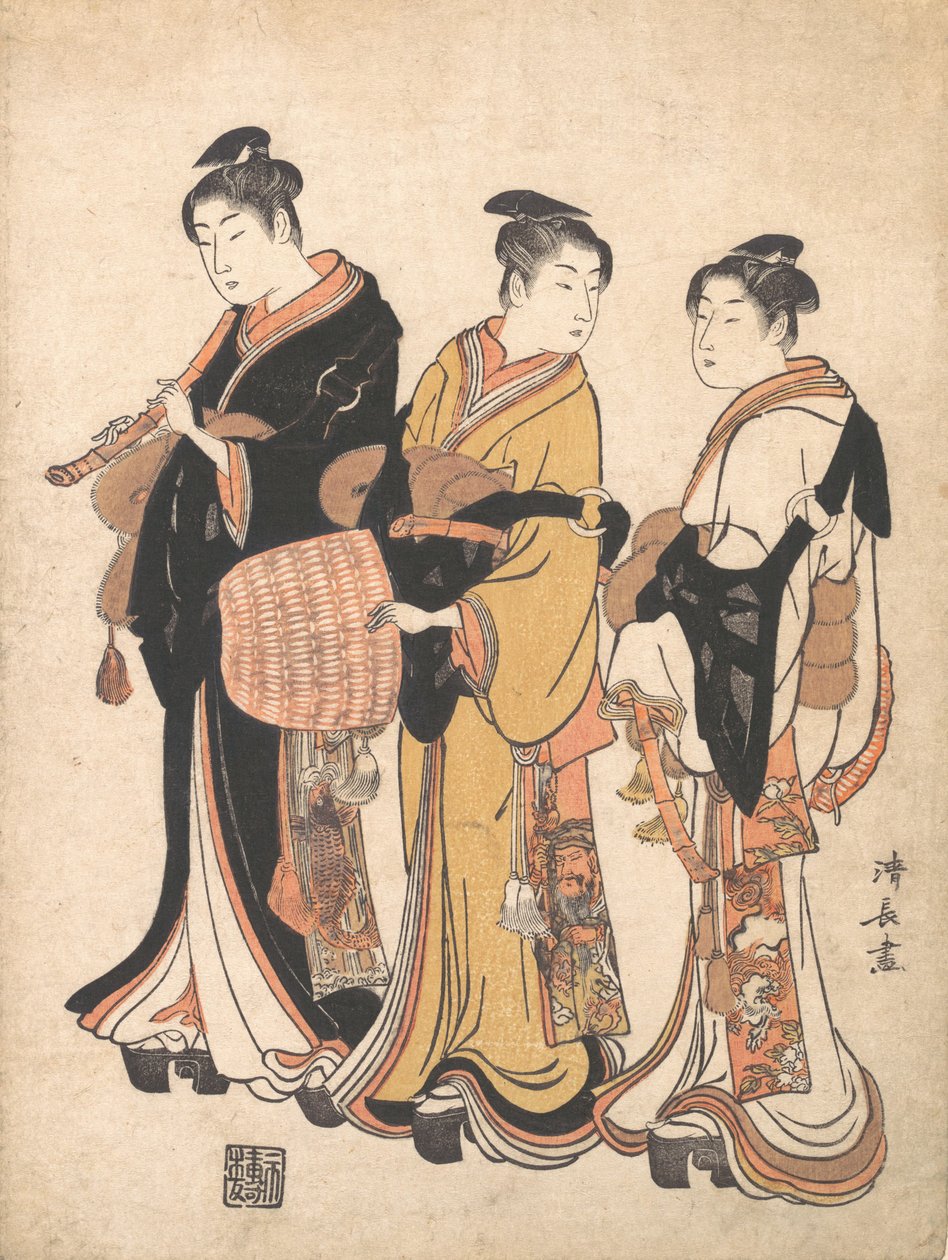 Tre unge kvinner maskerer seg som Komuso-vandringsminstrel, ca. 1778. av Torii Kiyonaga