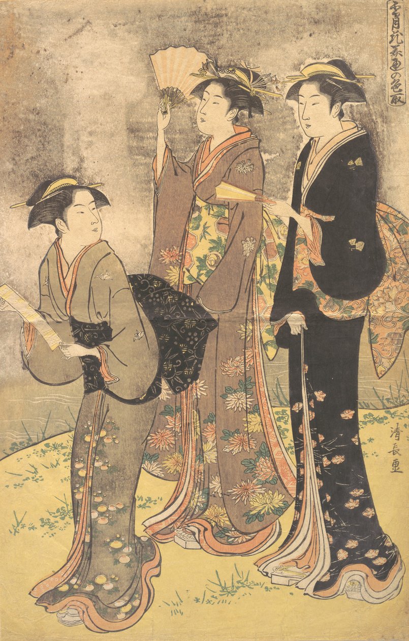 Tre unge kvinner som rusler på bredden av Sumida-elven. av Torii Kiyonaga