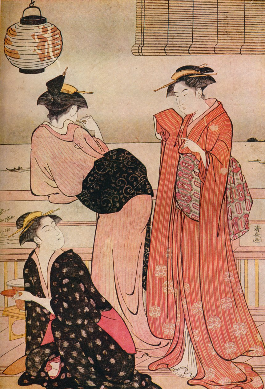 Tre jenter på verandaen til et tehus med utsikt over Edo Bay ved Shinagawa, c1752-1815 av Torii Kiyonaga